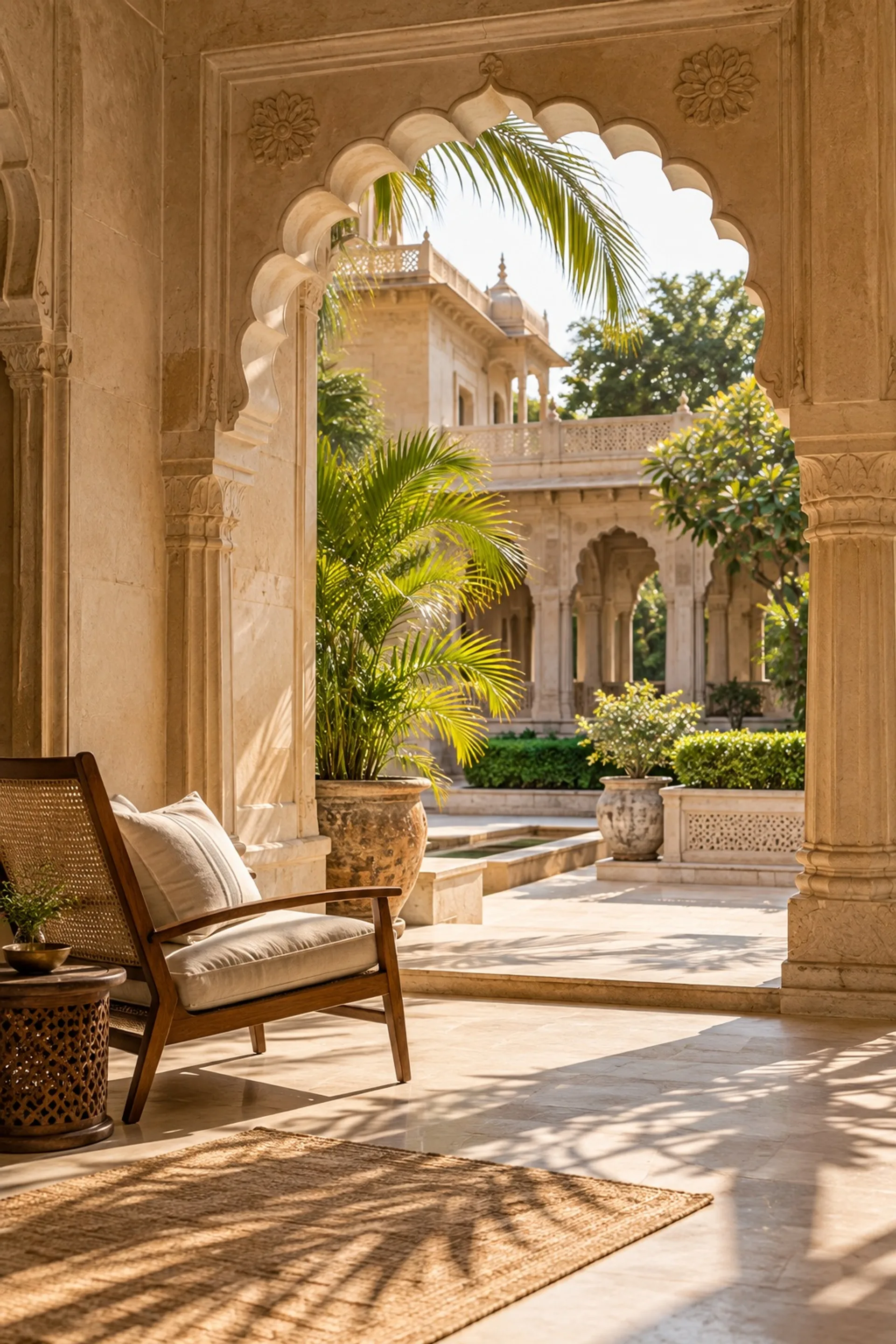 Sunlit heritage arches and a quiet courtyard in Rajasthan